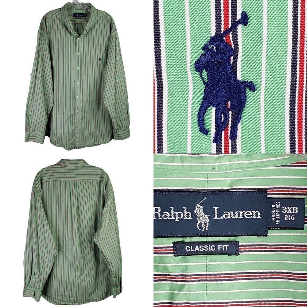 Polo Ralph Lauren Shirt Oxford Button Down Mens 3XB Green Stripe LS